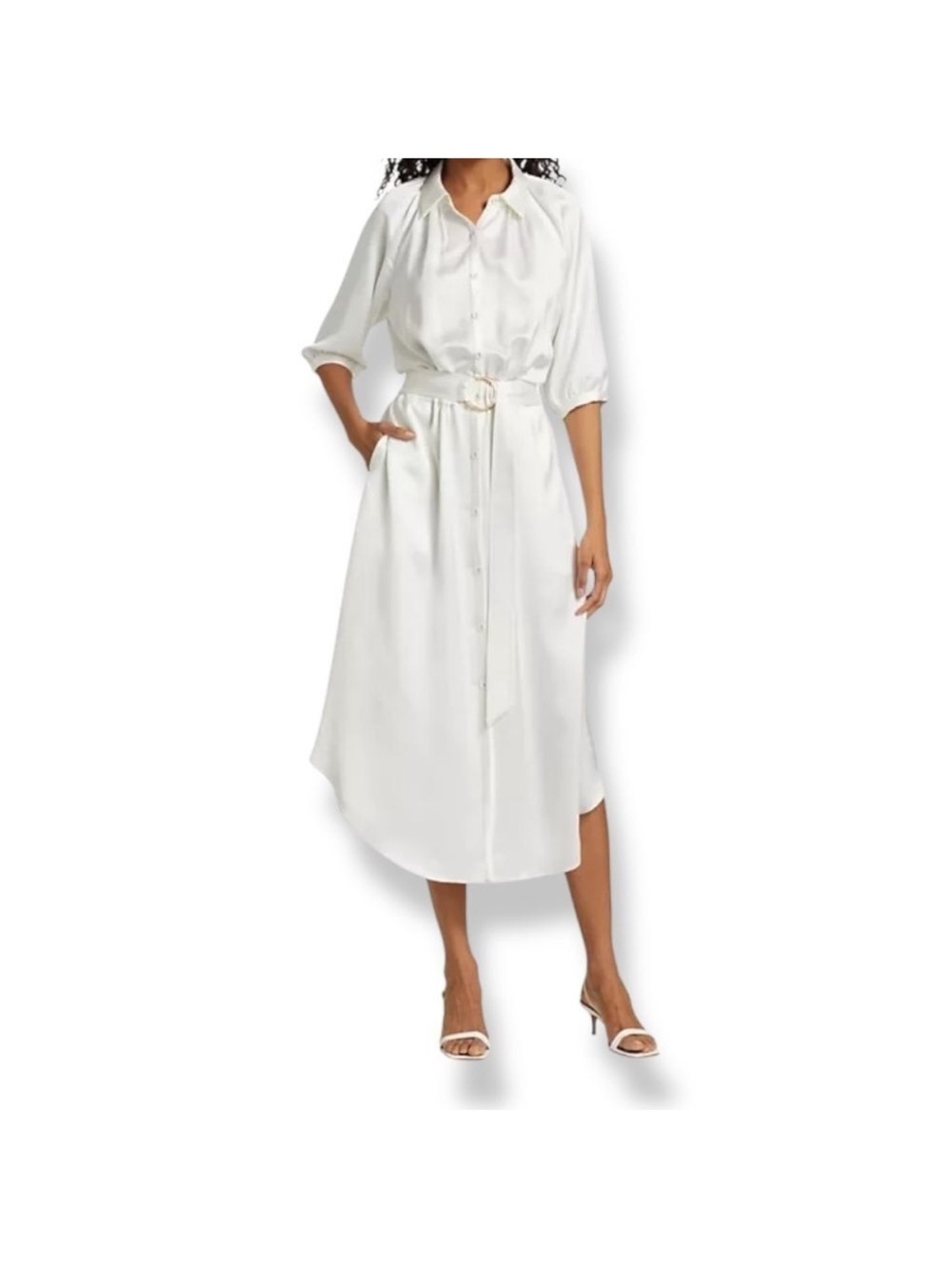 Ramy Brook White Button-Front Midi Shirt Dress with Belt